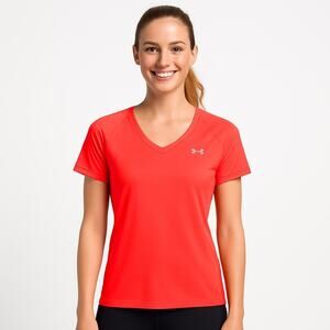 EUC Under Armour HeatGear Semi-Fitted V-Neck T-Shirt – Size Large – Neon Red W56